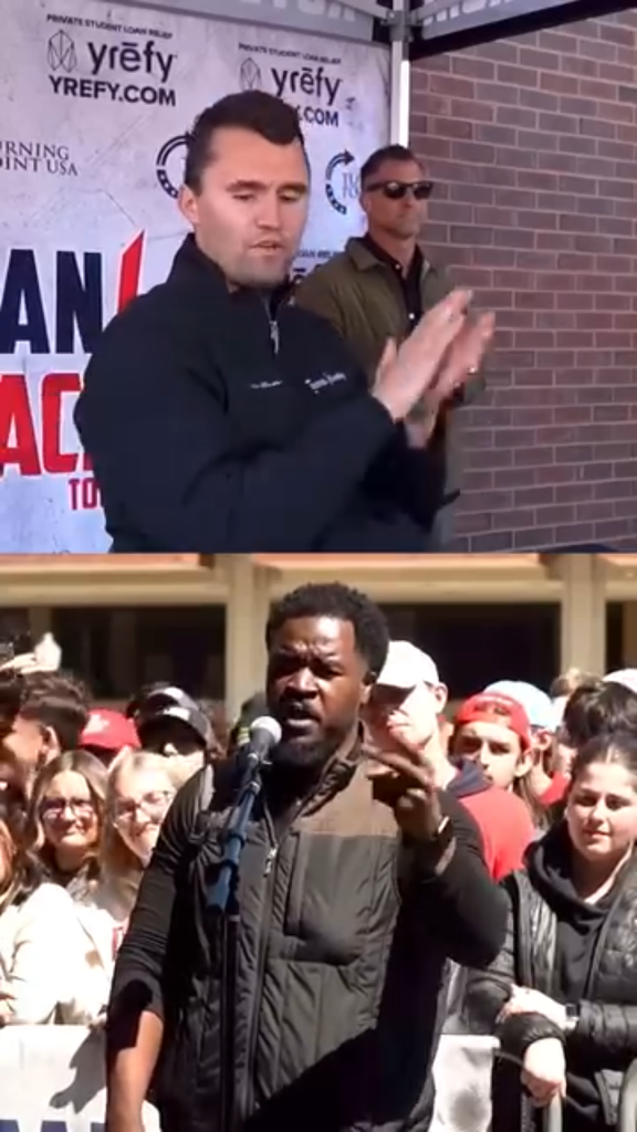 "Charlie Kirk in intense campus debate, challenging systemic racism narratives and inspiring personal responsibility at a Turning Point USA event."